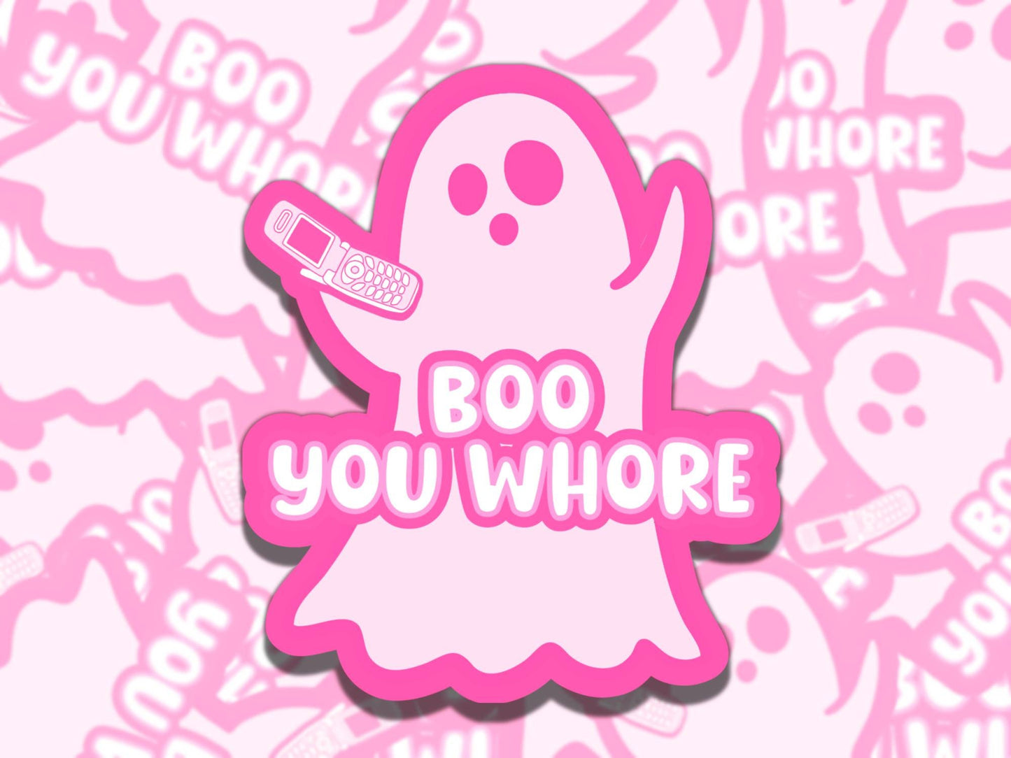 Boo You Whore Cute Pink Ghost Spooky Waterproof Vinyl Sticker, Gift for Girl Friend, Funny Sticker for Kindle Laptop Water Bottle Journal