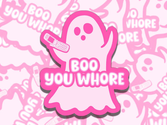 Boo You Whore Cute Pink Ghost Spooky Waterproof Vinyl Sticker, Gift for Girl Friend, Funny Sticker for Kindle Laptop Water Bottle Journal