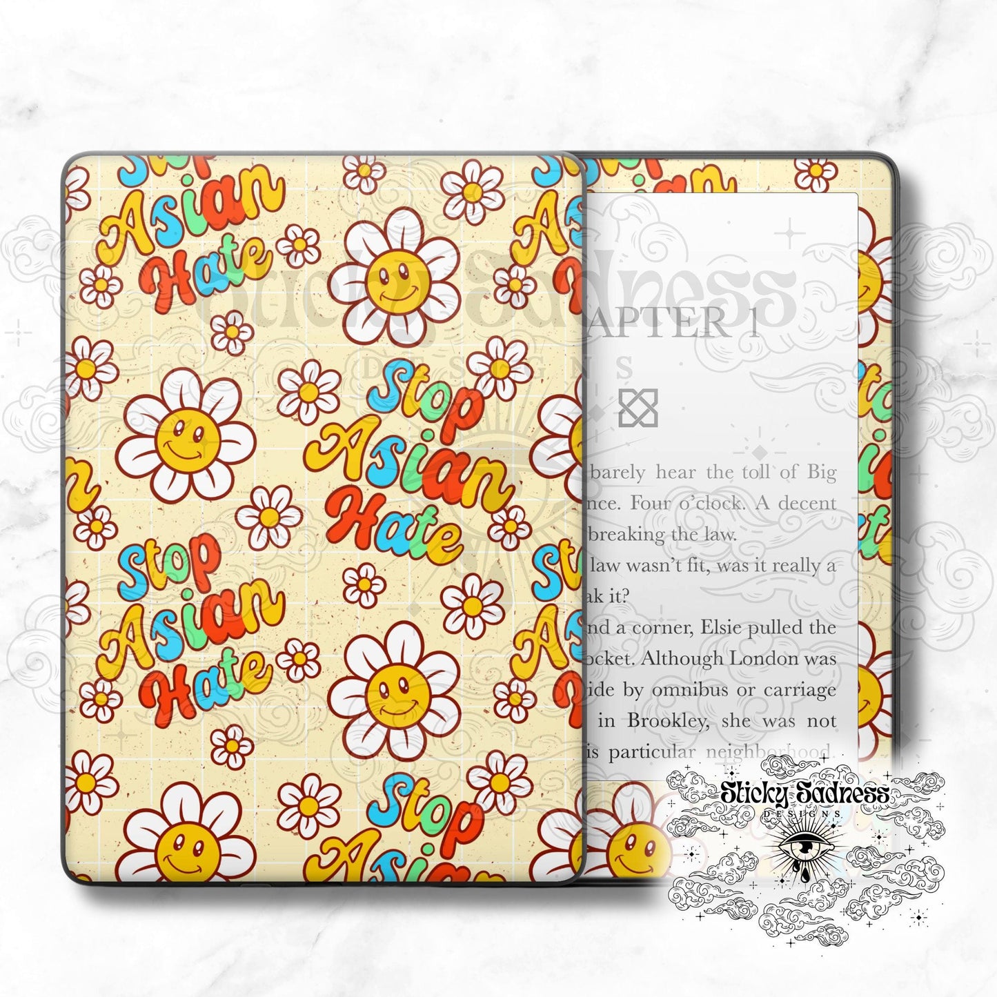 Stop Asian Hate Yellow Human Rights Decal Insert Skin, Cute Vinyl Wrap Kindle Kobo iPad Boox Fire, Gift for Book Lover, BookTok Accessory
