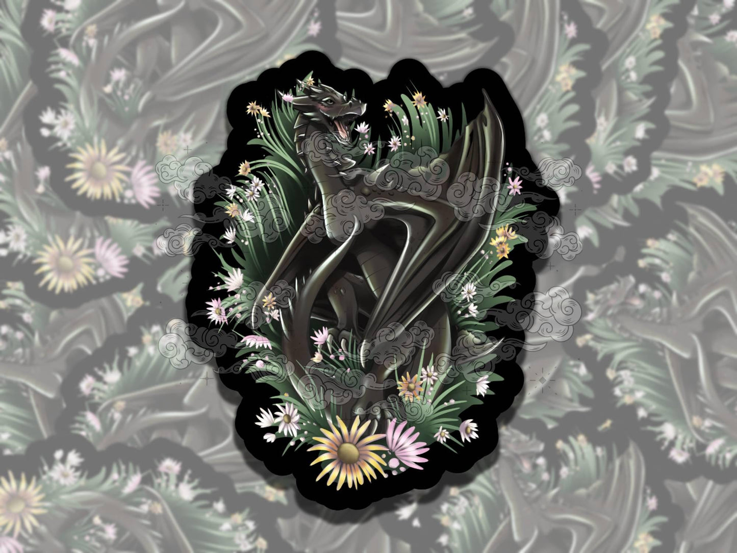 Black Dragon Wildflower Roll Bookish Waterproof Vinyl Sticker, Gift for Girl Friend, Funny Sticker for Kindle Laptop Water Bottle Journal