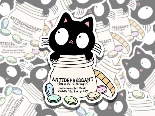 Antidepressants Black Cat Mental Health Sticker, Affirmation Sticker, Gift for Friend, Funny Sticker for Kindle Laptop Water Bottle Journal