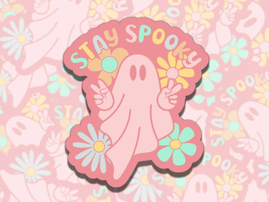 Stay Spooky Cute Pink Ghost Spooky Waterproof Vinyl Sticker, Gift for Friend, Funny Sticker for Kindle Laptop Water Bottle Journal