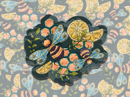 Floral Lemon Bees Cute Cottagecore Waterproof Vinyl Sticker, Gift for Friend, Funny Sticker for Kindle Laptop Water Bottle Journal