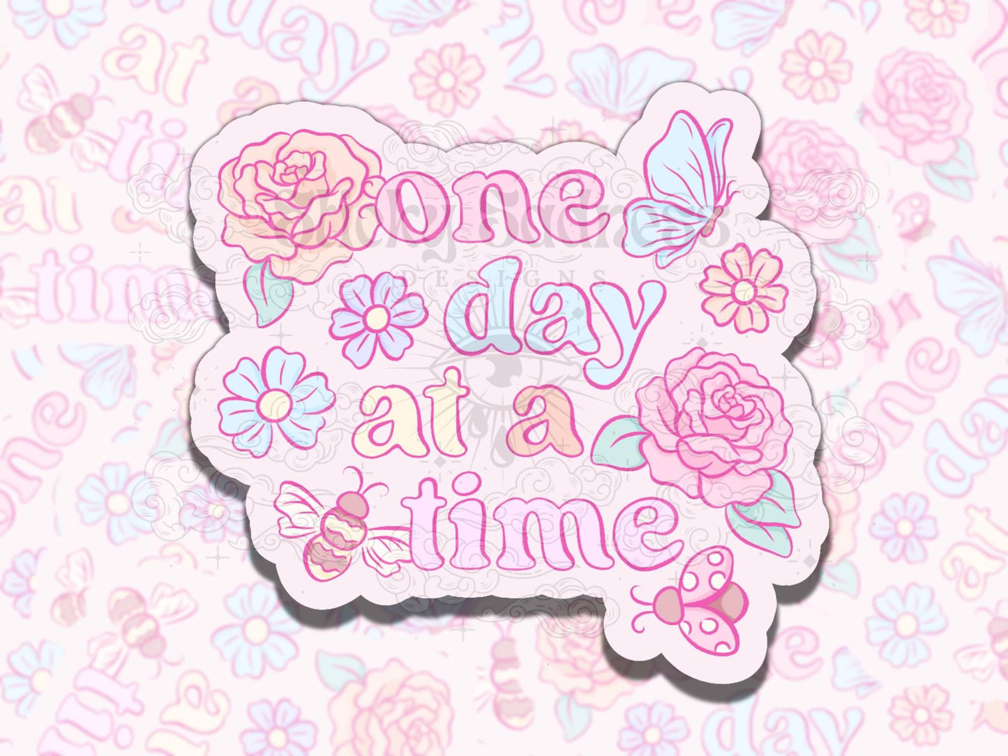 One Day at a Time Pink Fun Cute Girly Waterproof Vinyl Sticker, Gift for Girl Friend, Funny Sticker for Kindle Laptop Water Bottle Journal