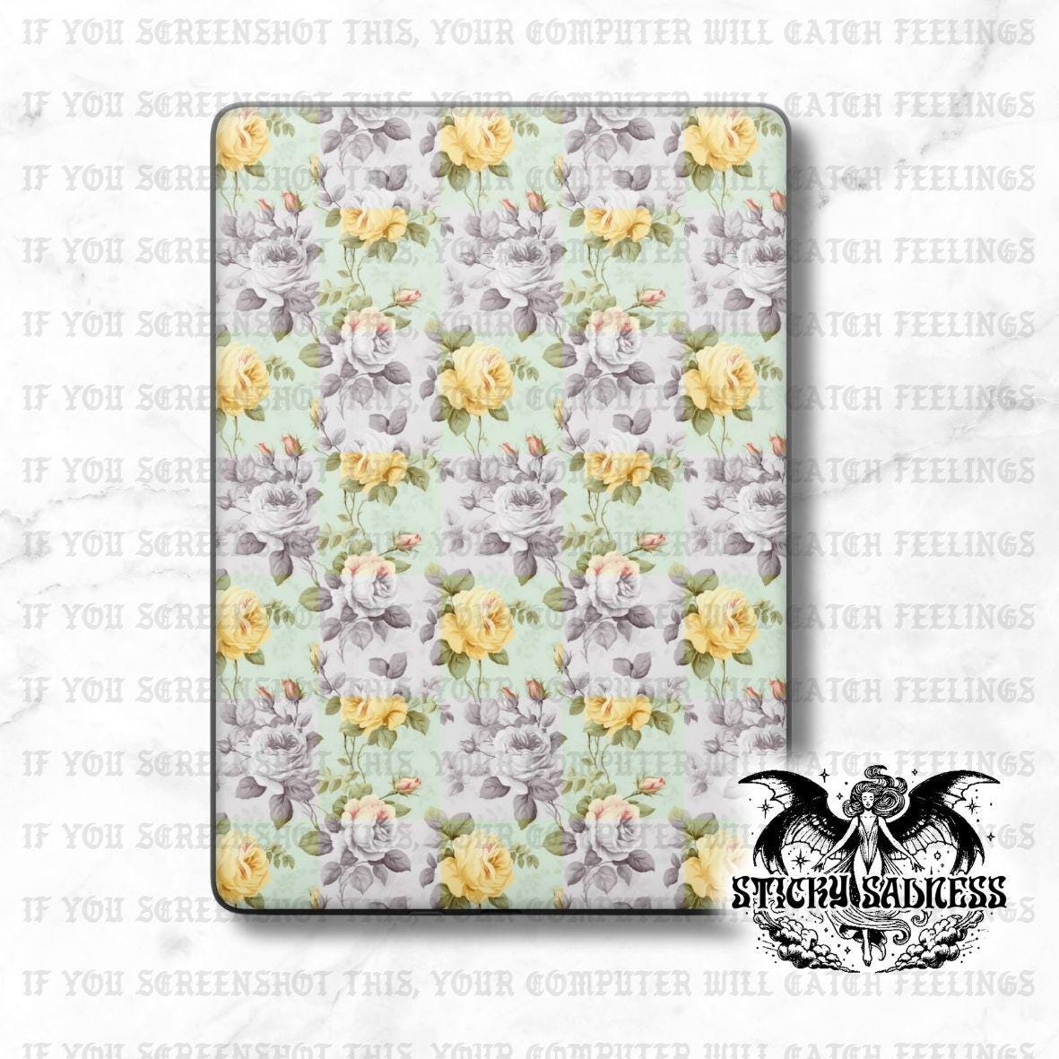 Yellow White Floral Checkered Decal Insert Skin, Aesthetic Vinyl Wrap for Kindle Kobo iPad Boox Fire, Gift for Book Lover, BookTok Accessory