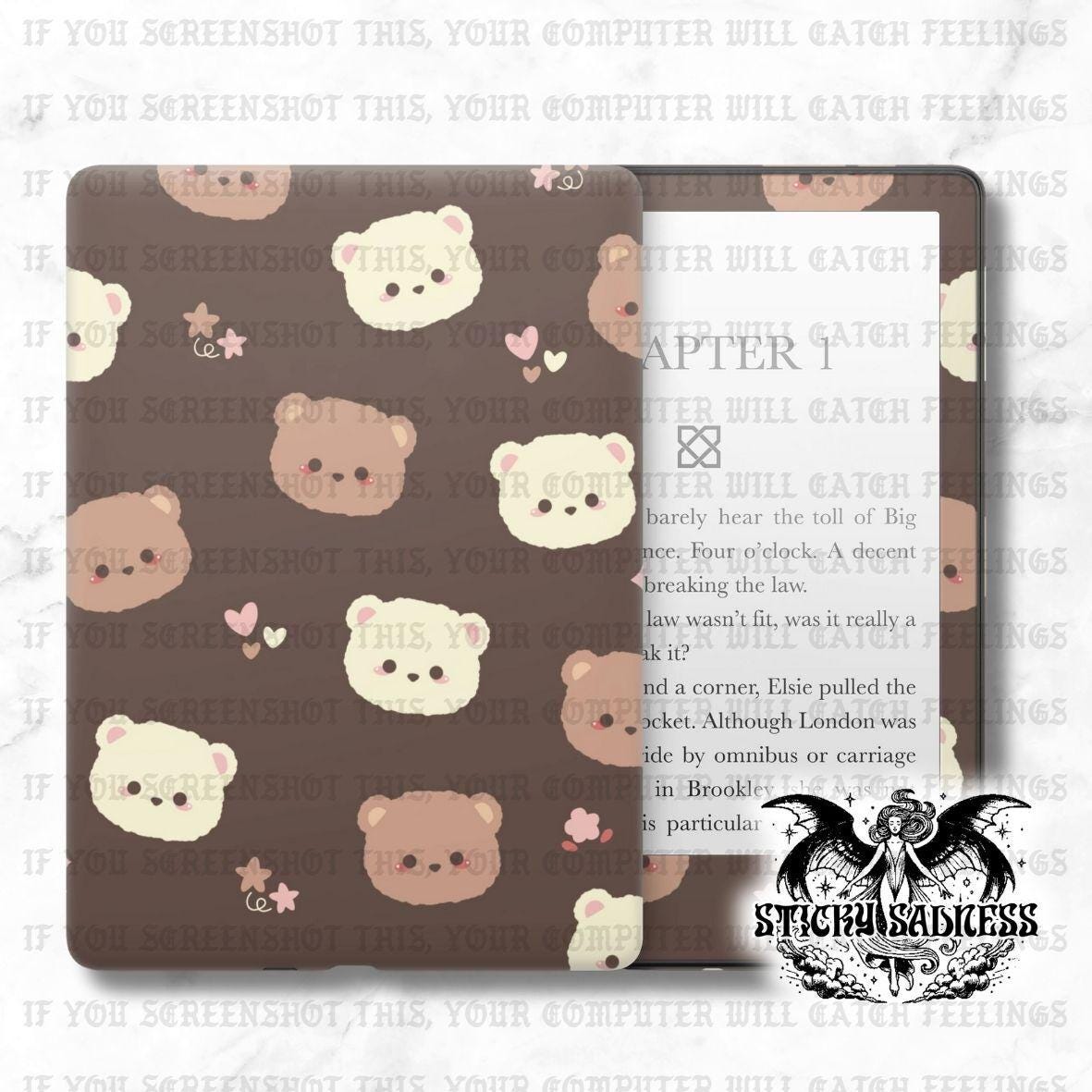a brown case with a repeating pattern of cartoon bear faces on a dark background.