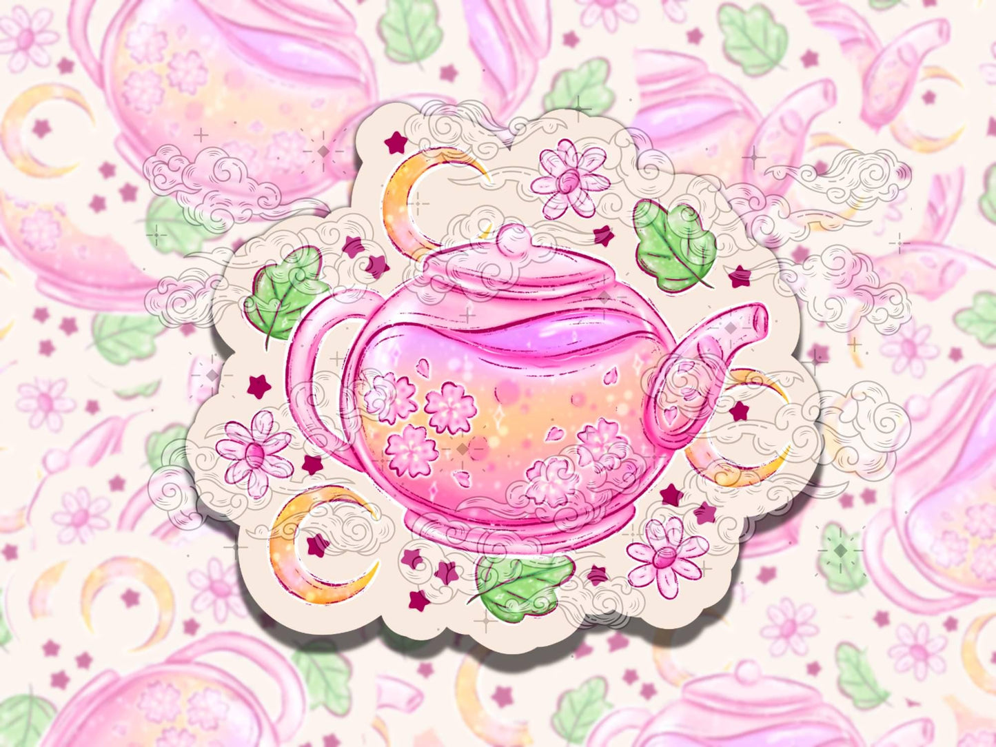 Sakura Teapot Cute Pink Waterproof Vinyl Sticker, Girly Gift for Friend, Funny Sticker for Kindle Laptop Water Bottle Journal