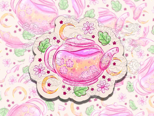 Sakura Teapot Cute Pink Waterproof Vinyl Sticker, Girly Gift for Friend, Funny Sticker for Kindle Laptop Water Bottle Journal