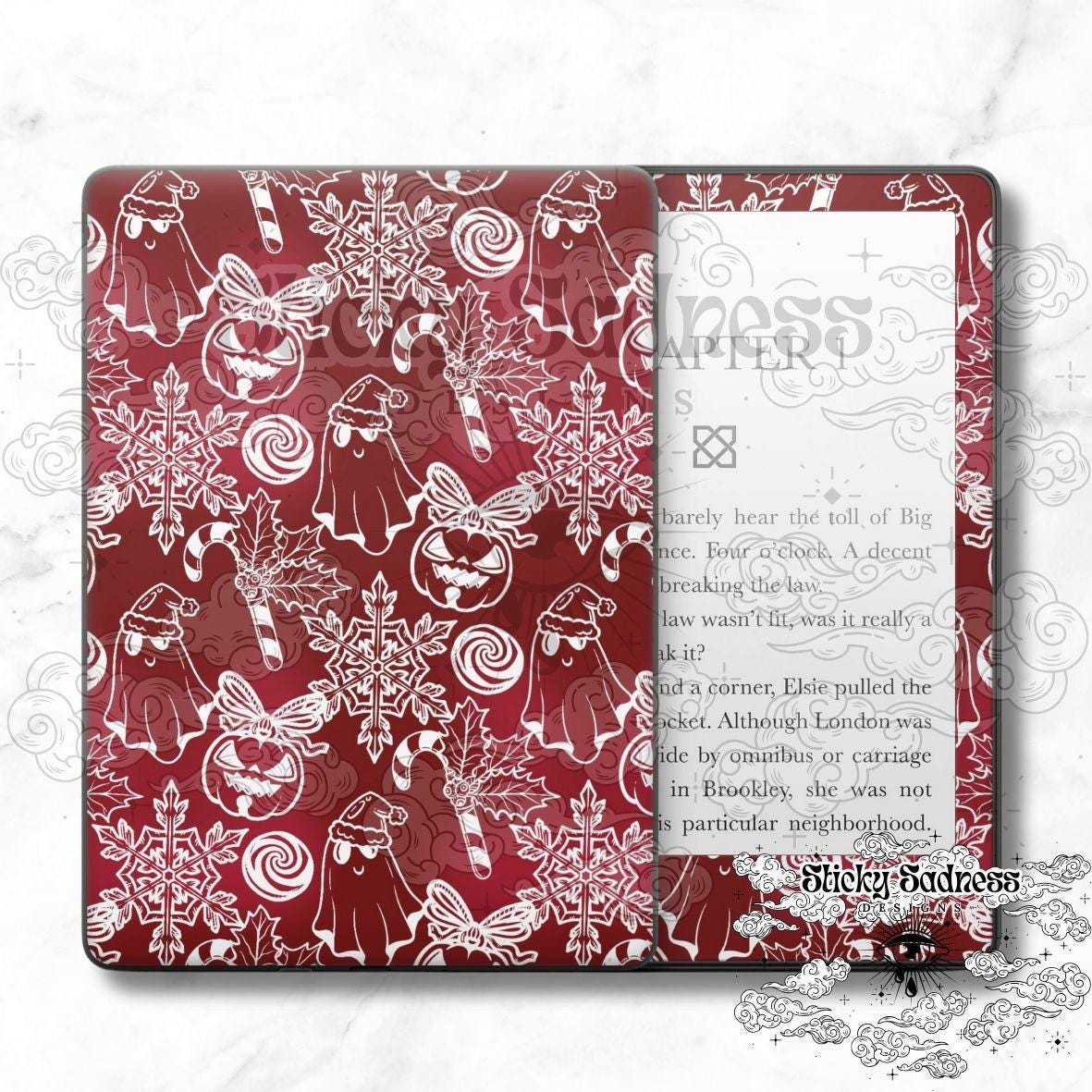 Spooky Christmas Pattern Holiday Decal Sticker Skin, Cute Vinyl Wrap for Kindle Kobo iPad Boox Fire, Gift for Book Lover, BookTok Accessory