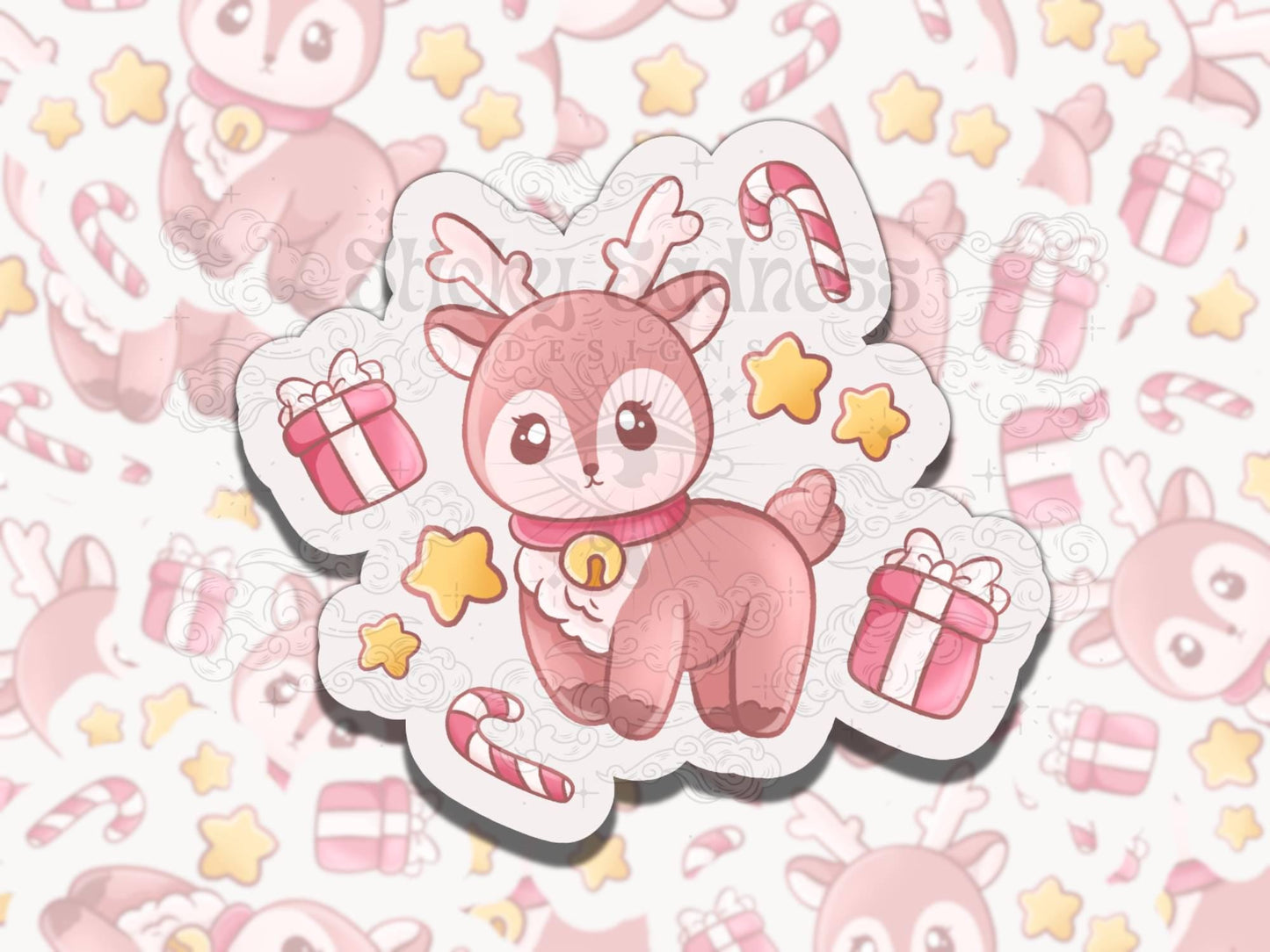 Bella the Reindeer Cute Nostalgic Christmas Waterproof Vinyl Sticker, Gift for Friend, Funny Sticker for Kindle Laptop Water Bottle Journal