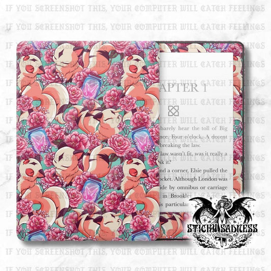 The image is a vibrant and colorful collage featuring a repeating pattern of pink and green flowers, along with various other elements such as leaves, gemstones, and crystals. The collage appears to be a creative and visually appealing composition, with the use of different colors and textures adding depth and interest to the overall design.