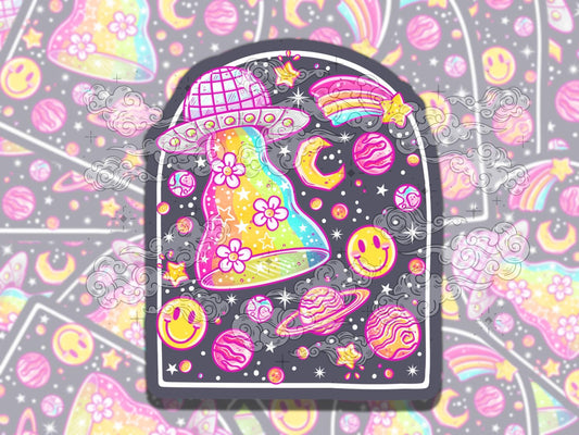 Groovy UFO Cute Retro Waterproof Vinyl Sticker, Girly Gift for Friend, Funny Sticker for Kindle Laptop Water Bottle Journal