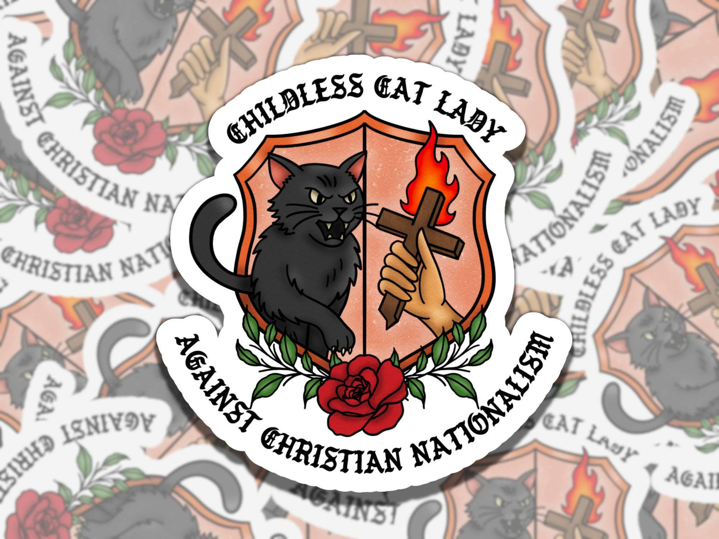 Childless Cat Lady Against Christian Nationalism Vinyl Sticker, Girly Gift for Friend, Funny Sticker for Kindle Laptop Water Bottle Journal