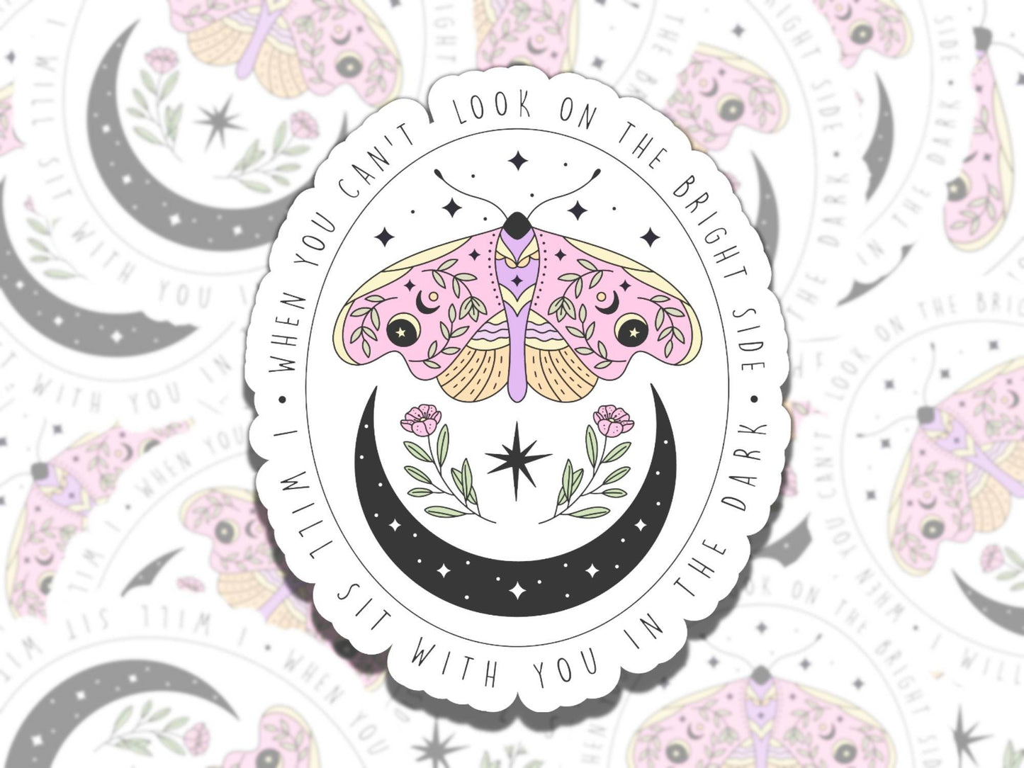 Look on the Bright Side Mystical Moth Sticker, Waterproof Affirmation Sticker, Funny Gift for Friend, Sticker for Kindle Laptop Water Bottle
