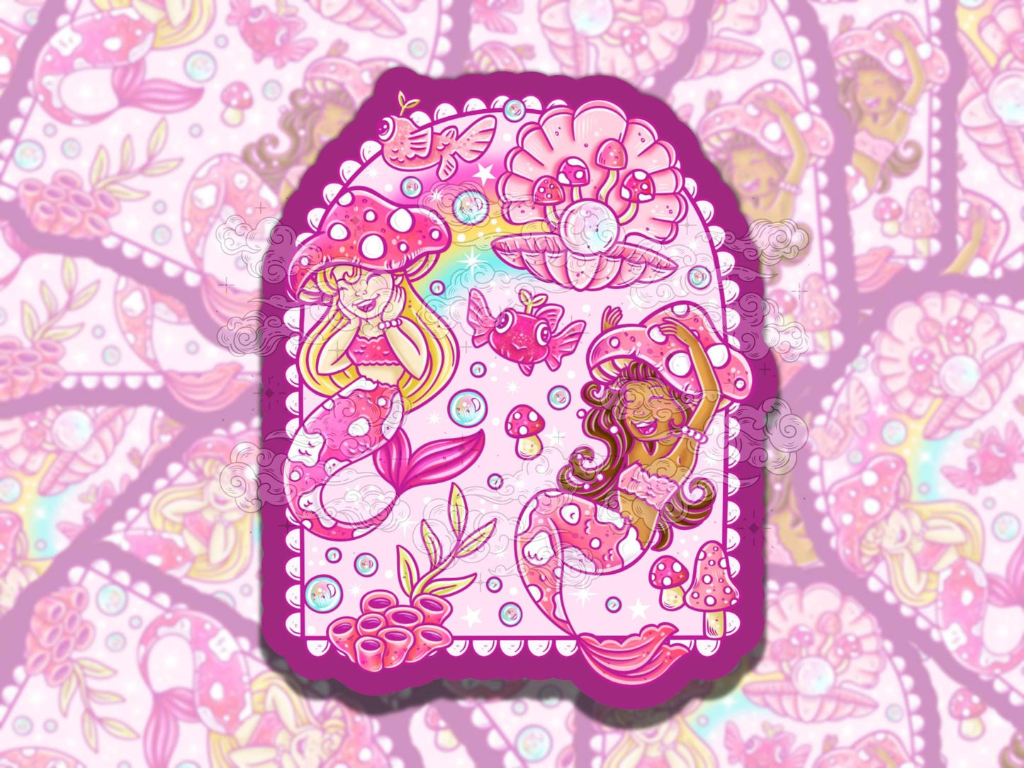 Mushie Mermaids Cute Pink Waterproof Vinyl Sticker, Girly Gift for Friend, Funny Sticker for Kindle Laptop Water Bottle Journal