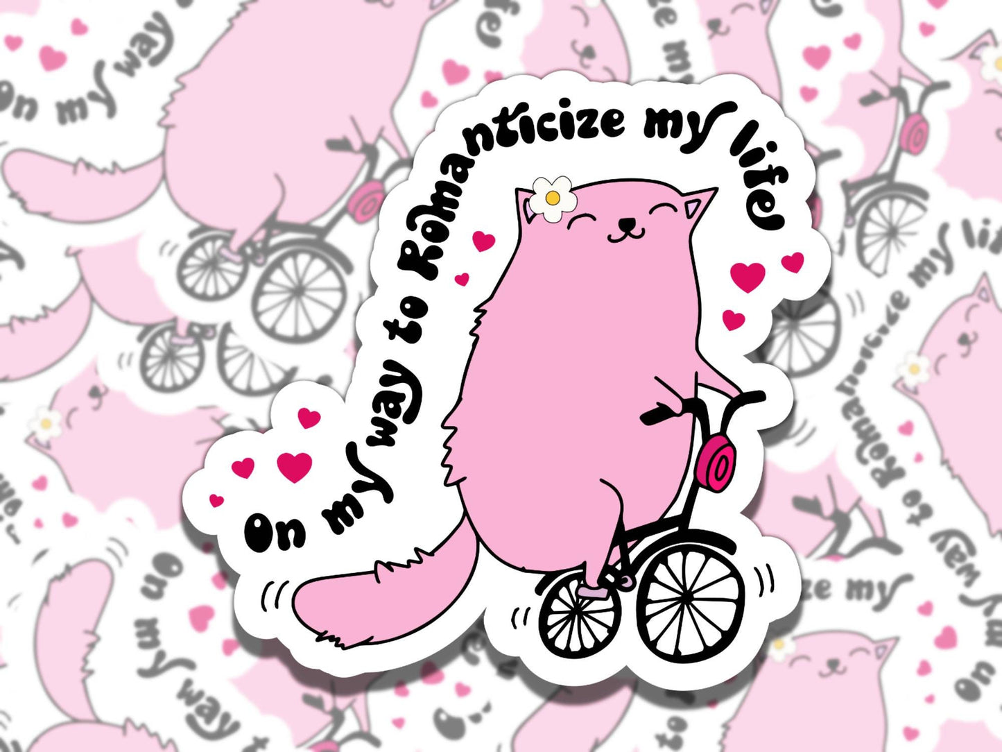 On My Way to Romanticize My Life Sticker, Cute Cat Vinyl Sticker, Gift for Friend, Funny Sticker for Kindle Laptop Water Bottle Journal