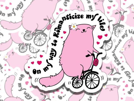On My Way to Romanticize My Life Sticker, Cute Cat Vinyl Sticker, Gift for Friend, Funny Sticker for Kindle Laptop Water Bottle Journal