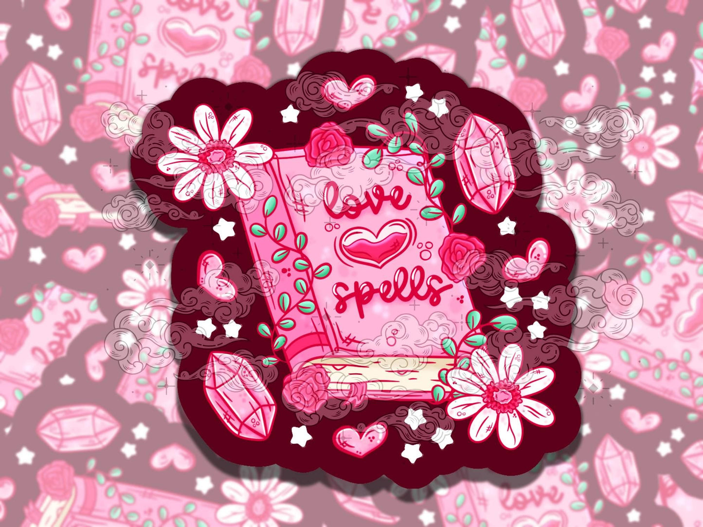 Love Spells Cute Witchy Valentine's Waterproof Vinyl Sticker, Gift for Girl Friend, Funny Sticker for Kindle Laptop Water Bottle Journal