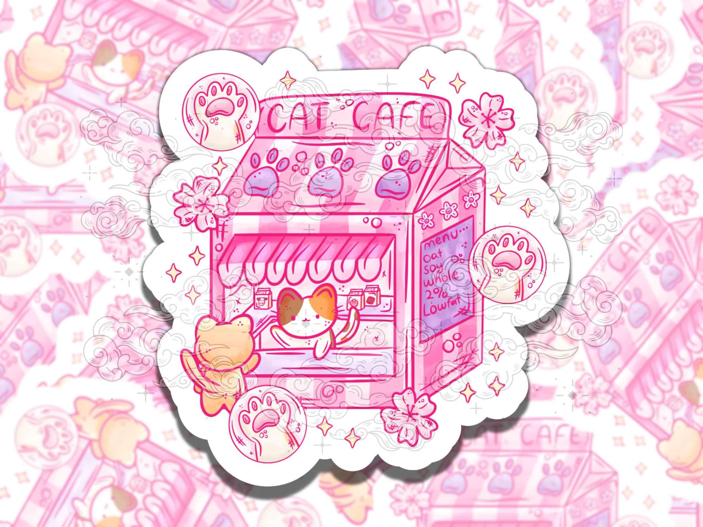 Kitty Cafe Cute Kawaii Waterproof Vinyl Sticker, Gift for Friend Cat Lover, Funny Sticker for Kindle Laptop Water Bottle Journal