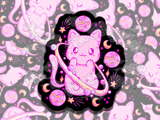 Space Kitty Cute Pink Waterproof Vinyl Sticker, Girly Gift for Friend, Funny Sticker for Kindle Laptop Water Bottle Journal