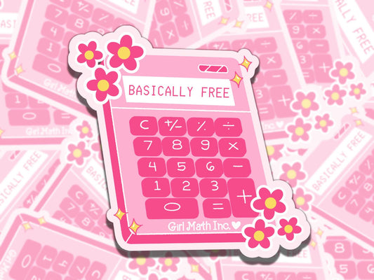 Basically Free Girl Math Pink Calculator Waterproof Vinyl Sticker, Gift for Girl Friend, Funny Sticker for Kindle Laptop Water Bottle Journa