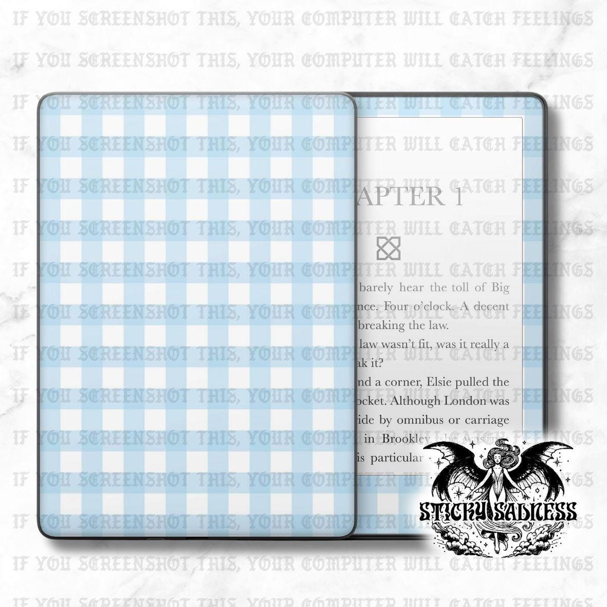 Light Blue Gingham Checker Decal Insert Skin, Aesthetic Vinyl Wrap for Kindle Kobo iPad Boox Fire, Gift for Book Lover, BookTok Accessories