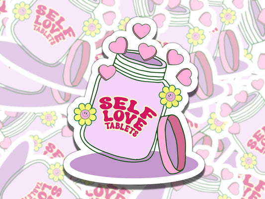 Self Love Tablets Cute Pill Bottle Mental Health Affirmation Sticker, Gift for Friend,  Sticker for Kindle Laptop Water Bottle