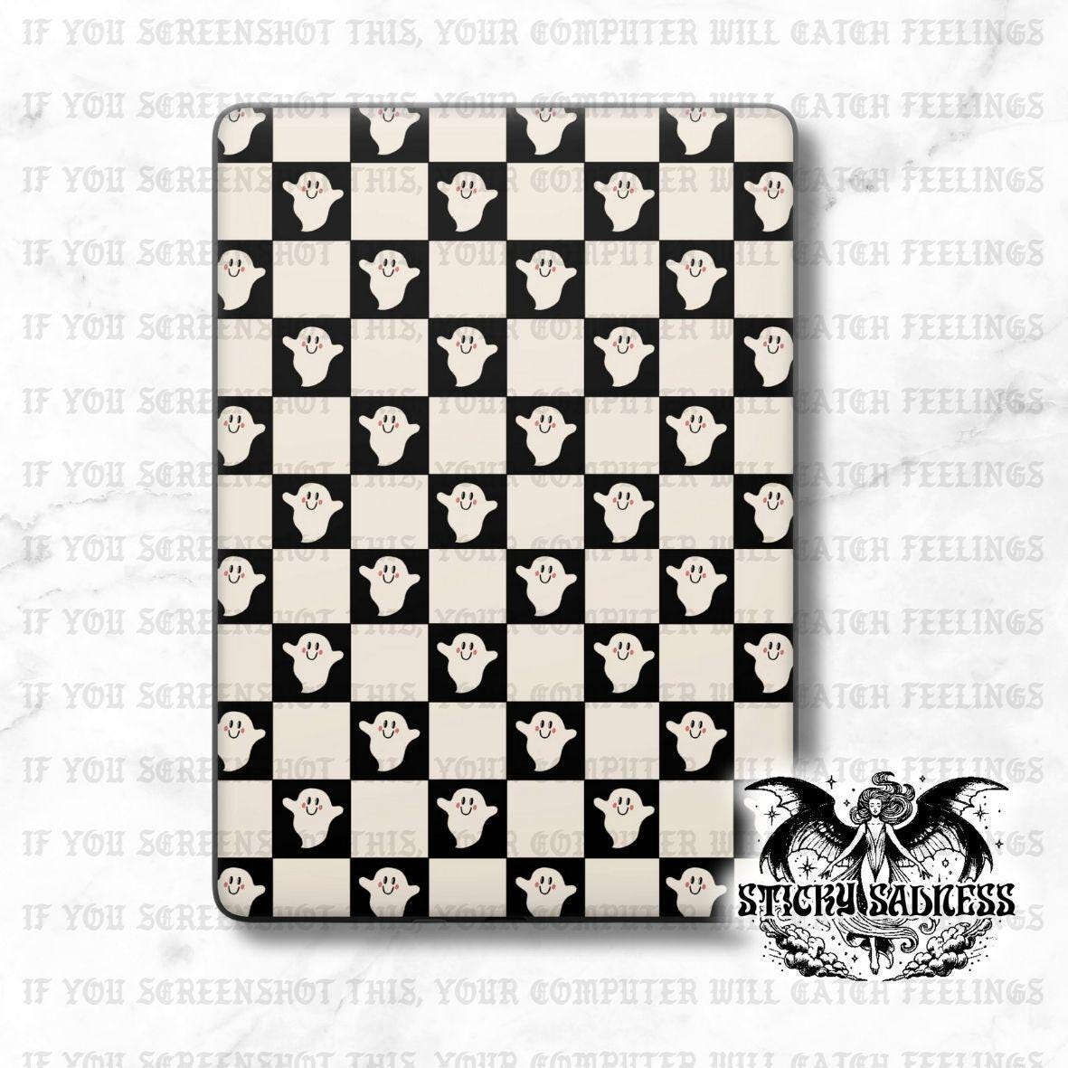 Spooky Ghost Checkered Decal Insert Skin, Aesthetic Vinyl Wrap for Kindle Kobo iPad Boox Fire, Gift for Book Lover, BookTok Accessories
