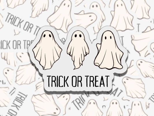 Trick or Treat Cute Ghosts Spooky Waterproof Vinyl Sticker, Gift for Friend, Funny Sticker for Kindle Laptop Water Bottle Journal