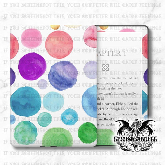 a colorful abstract pattern of watercolor circles on a white background.