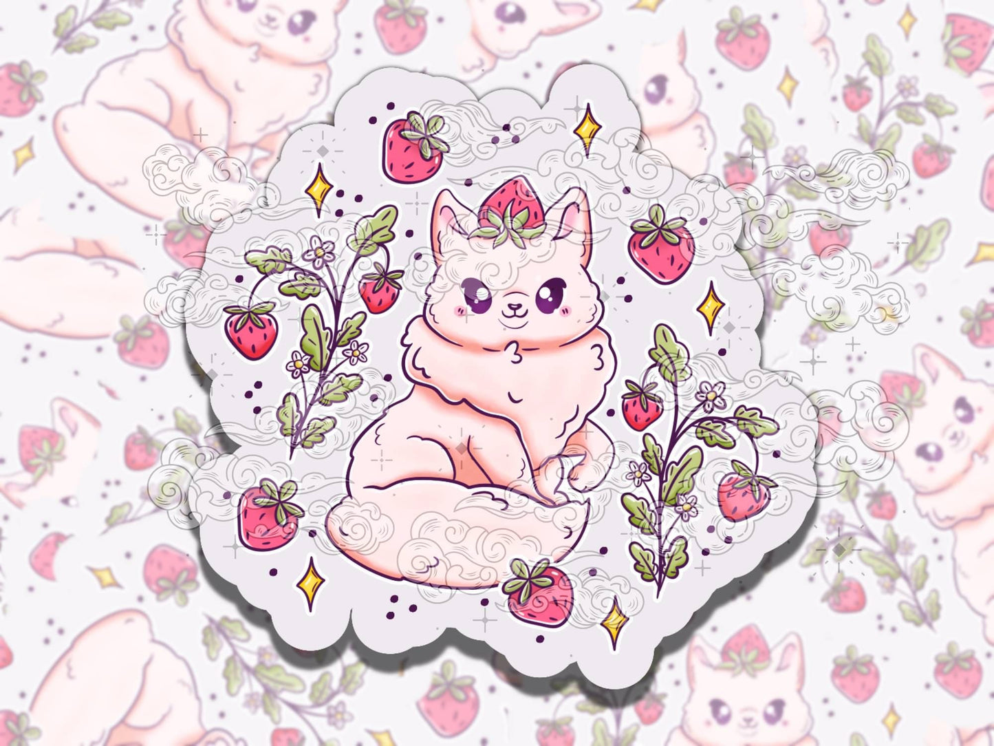 Strawberry Cat Cute Witchy Waterproof Vinyl Sticker, Gift for Girl Friend, Funny Sticker for Kindle Laptop Water Bottle Journal
