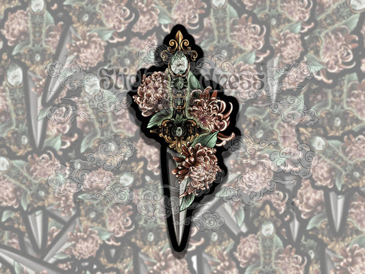 Floral Jeweled Dagger Waterproof Vinyl Sticker, Gift for Friend, Funny Sticker for Kindle Laptop Water Bottle Journal, Fantasy Art