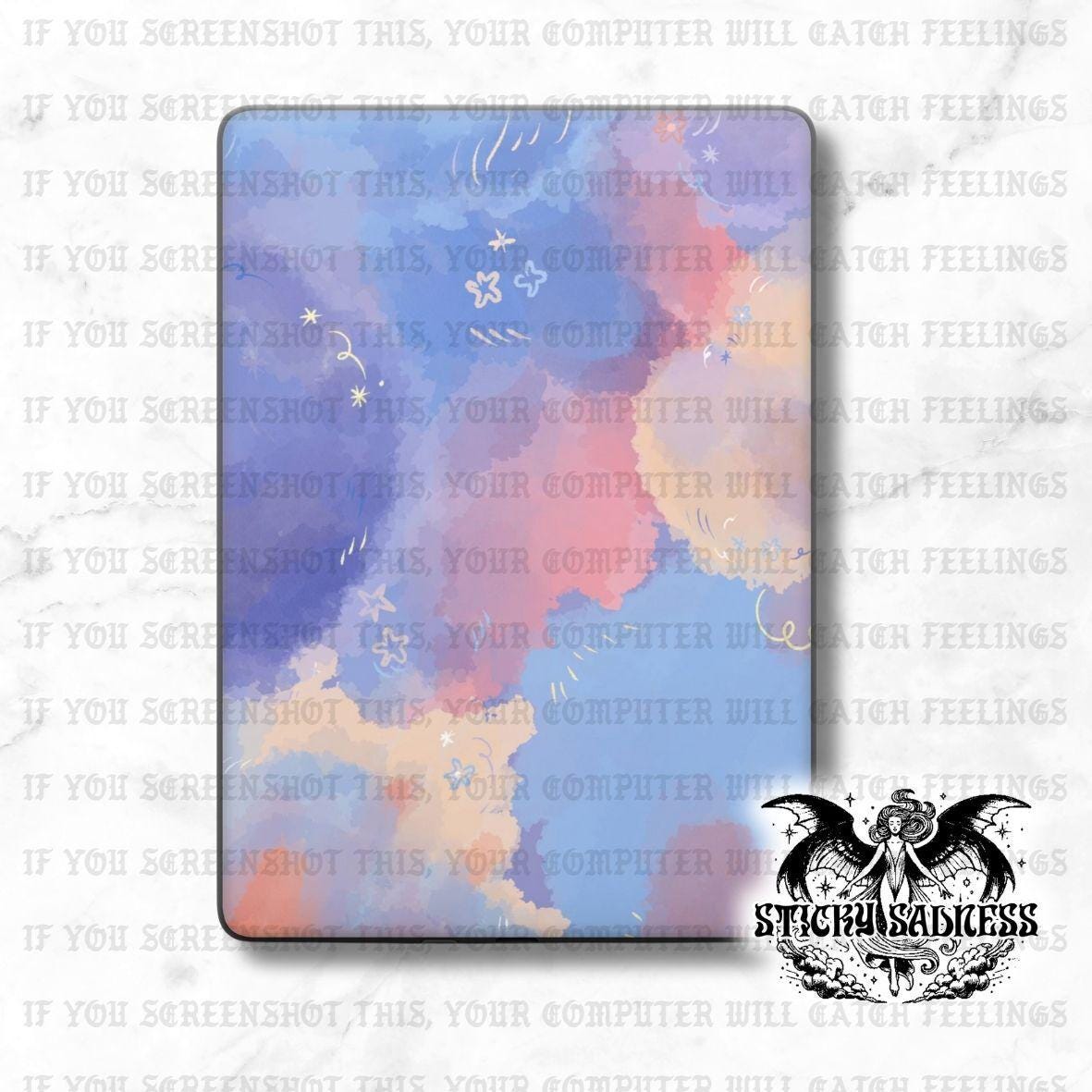 The image is a digital art piece featuring a vibrant, abstract background with a gradient of blue, pink, and orange colors. The background appears to be a watercolor-like effect, with scattered clouds and stars throughout the composition.