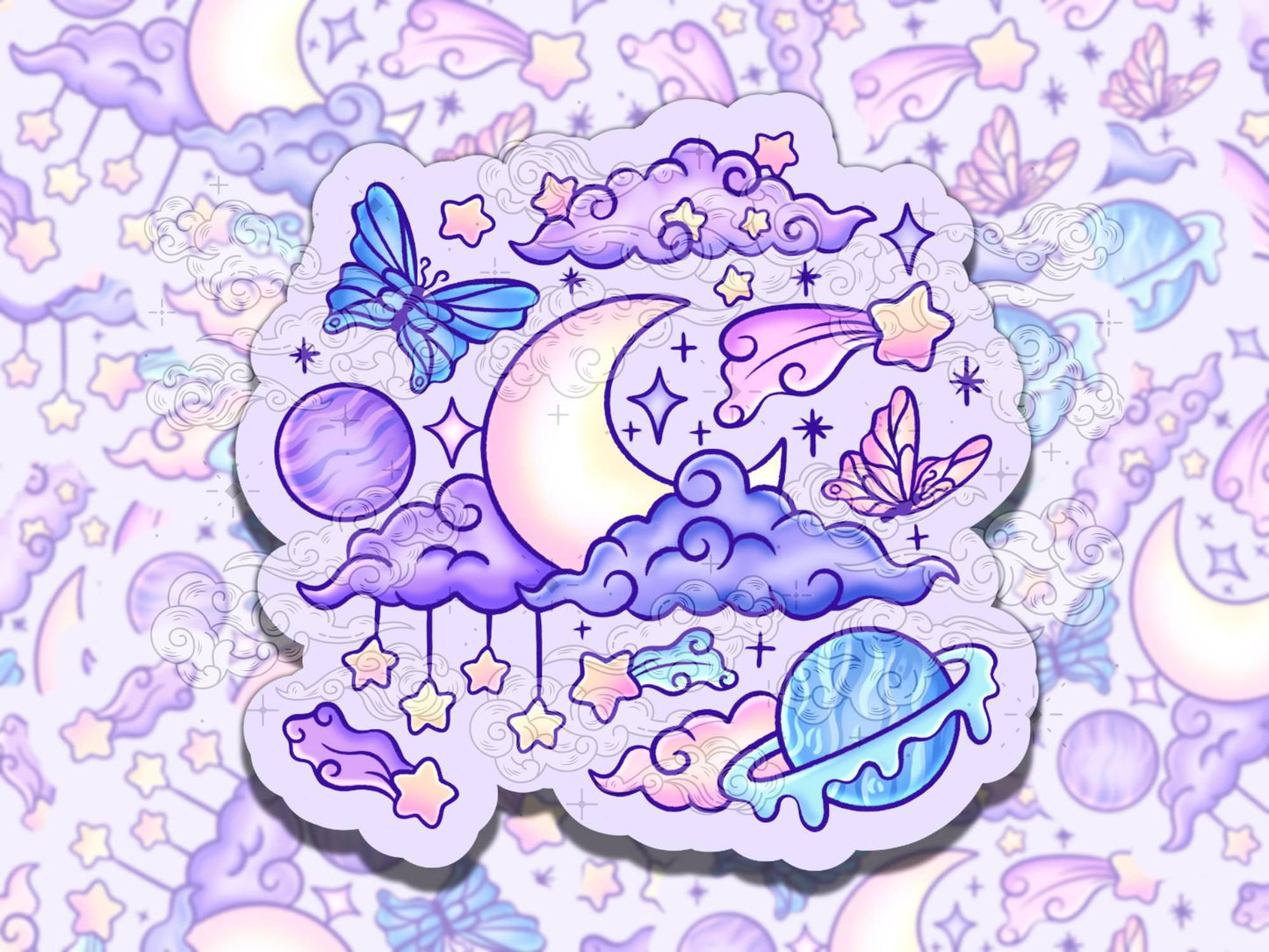 Celestial Sky Cute Waterproof Vinyl Sticker, Girly Gift for Coffee Lover, Funny Sticker for Kindle Laptop Water Bottle Journal