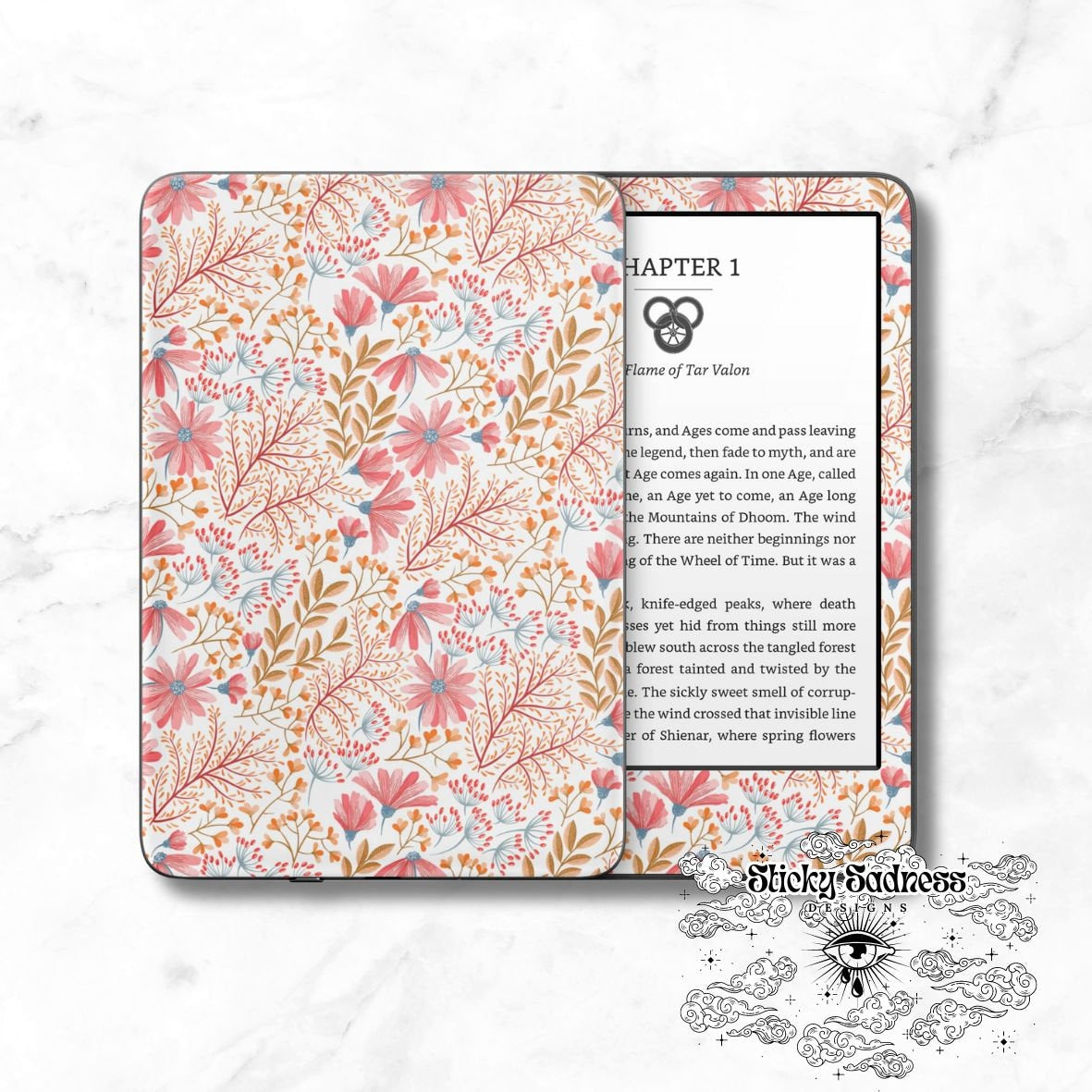 Blush Floral Decals Insert Skin, Cute Vinyl Wrap for Kindle Kobo iPad Boox Fire, Gift for Book Lover, BookTok Accessories