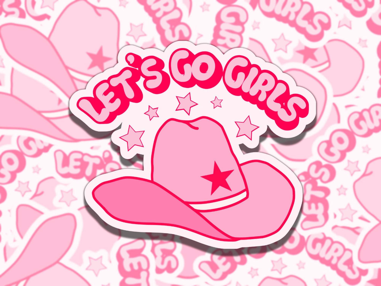 Let's Go Girls Cowboy Hat Pink Girly Waterproof Vinyl Sticker, Gift for Girl Friend, Funny Sticker for Kindle Laptop Water Bottle Journal