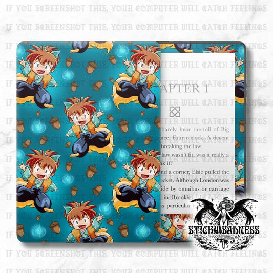 The image is a collage of multiple images featuring cartoon-style characters, including a young boy with spiky hair and a blue outfit, as well as other colorful and whimsical elements. The collage is set against a blue background with various objects and symbols, such as acorns, flames, and a clock. The image does not contain any text, and the overall composition is visually engaging and playful.