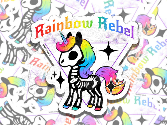 Rainbow Rebel Skelecorn Cute Fantasy Waterproof Vinyl Sticker, Gift for Girl Friend, Funny Sticker for Kindle Laptop Water Bottle Journal