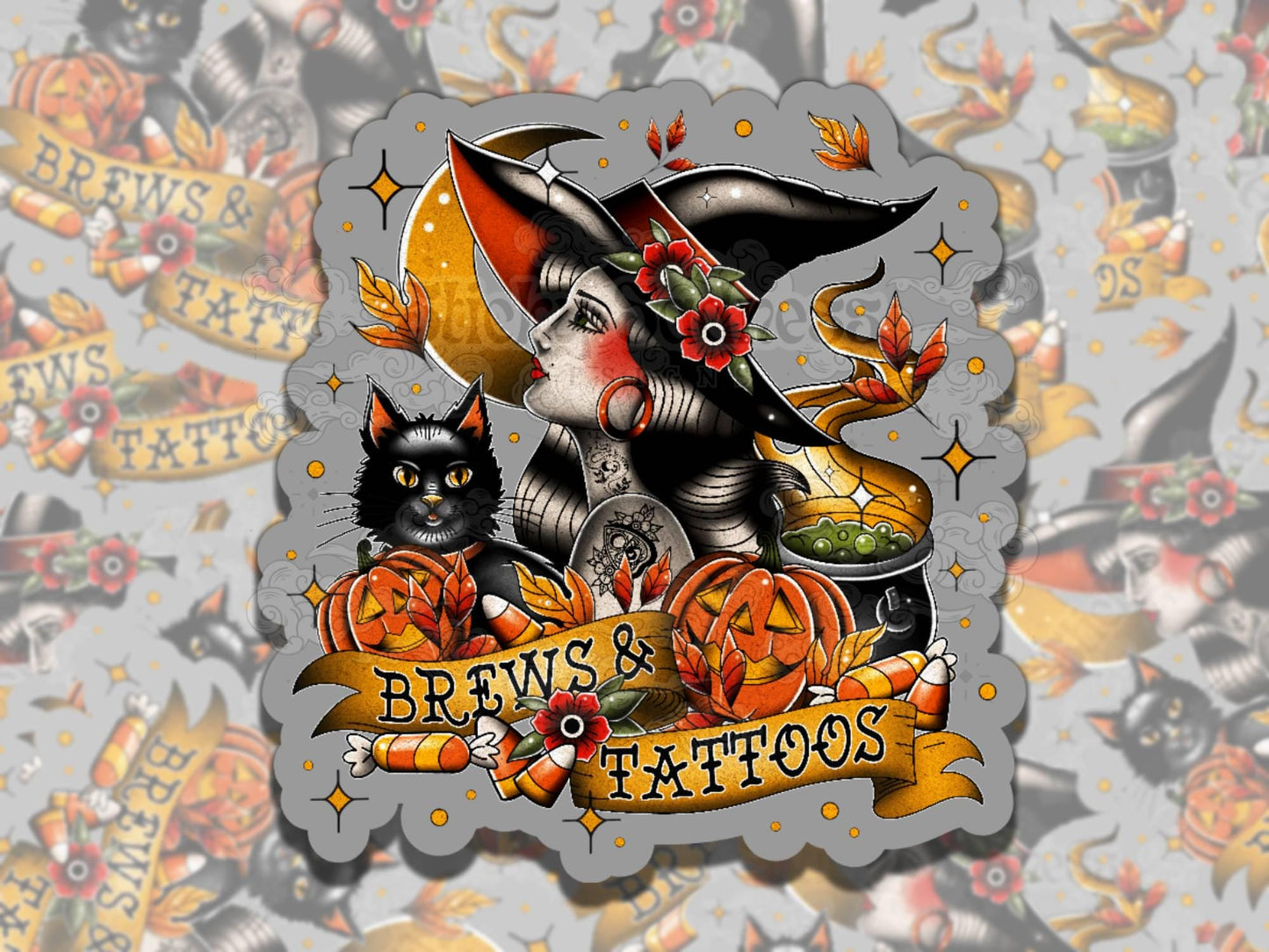 Brews and Tattoos Witchy Spooky Waterproof Vinyl Sticker, Gift for Friend, Funny Sticker for Kindle Laptop Water Bottle Journal