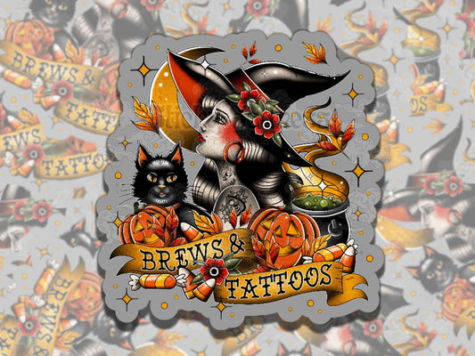 Brews and Tattoos Witchy Spooky Waterproof Vinyl Sticker, Gift for Friend, Funny Sticker for Kindle Laptop Water Bottle Journal