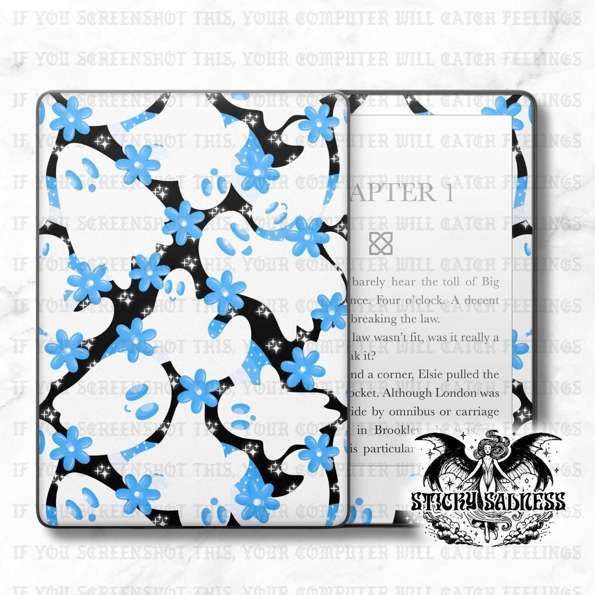 Blue Floral Ghosts Spooky Halloween Decal Insert Skin, Vinyl Wrap for Kindle Kobo iPad Boox Fire, Gift for Book Lover, BookTok Accessories