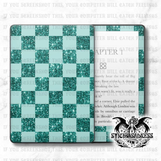 Green Glitter Checkered Decal Insert Skin, Aesthetic Vinyl Wrap for Kindle Kobo iPad Boox Fire, Gift for Book Lover, BookTok Accessories