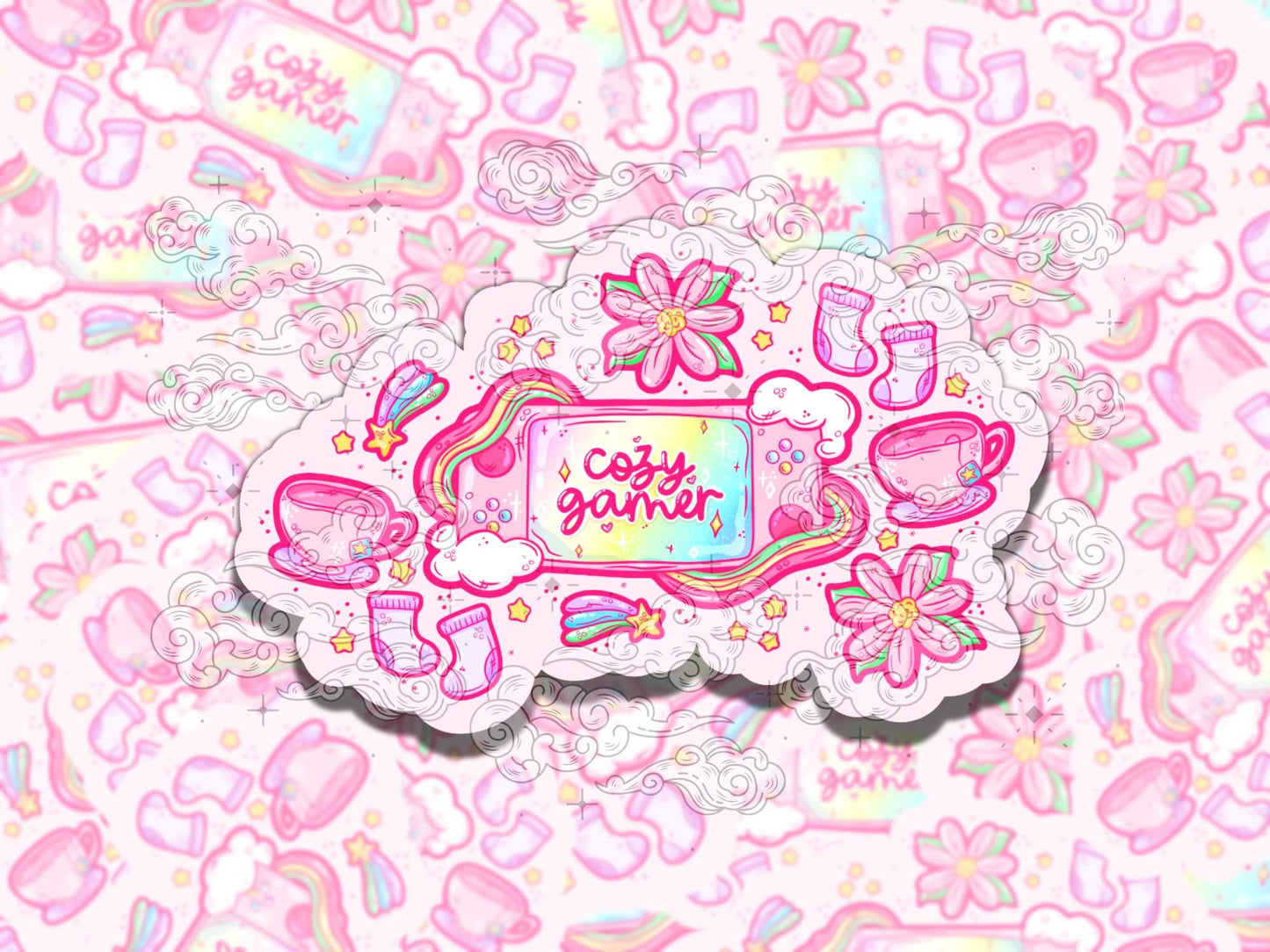 Cozy Gamer Cute Pink Waterproof Vinyl Sticker, Gift for Girl Friend, Funny Sticker for Kindle Laptop Water Bottle Journal