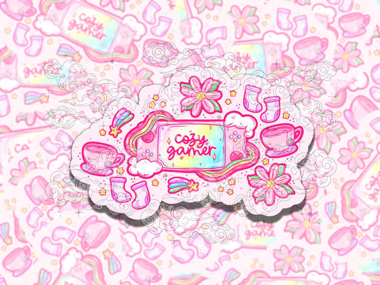 Cozy Gamer Cute Pink Waterproof Vinyl Sticker, Gift for Girl Friend, Funny Sticker for Kindle Laptop Water Bottle Journal